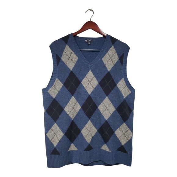 J Crew Vest Sweater Mens Large Blue Check Lambswool V Neck Classic Knit Pullover - Picture 1 of 11